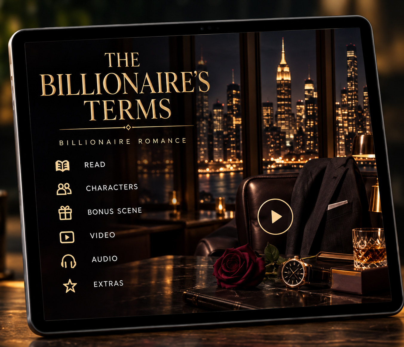The Billionaire’s Terms — billionaire bad-boy romance example displayed on a tablet