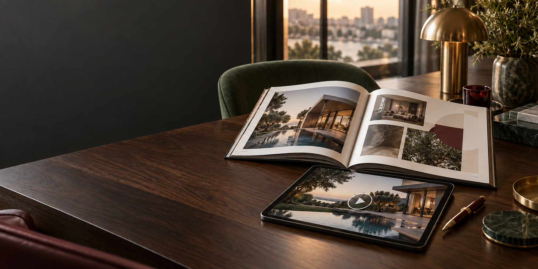 An open business presentation and tablet showing architectural imagery on a conference table