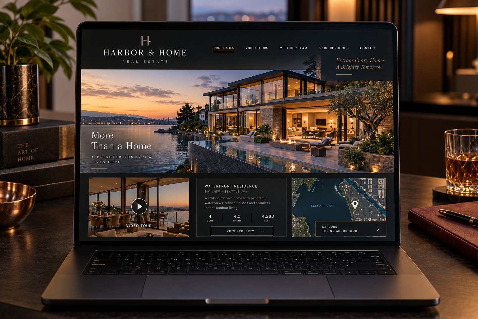 Real-estate mBoox™ presentation showing a waterfront property, video tour, and neighborhood map on a laptop